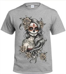 Female Sugar Skull Men’s T-Shirt White or Black or Gray Small to 3X-Large