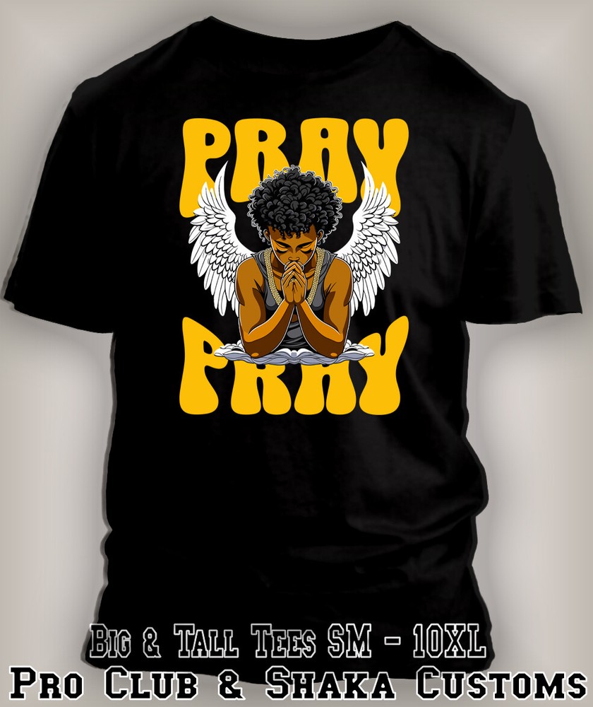 Black Praying Angel T-Shirt Religious Inspirational Streetwear Pro Club Shaka T
