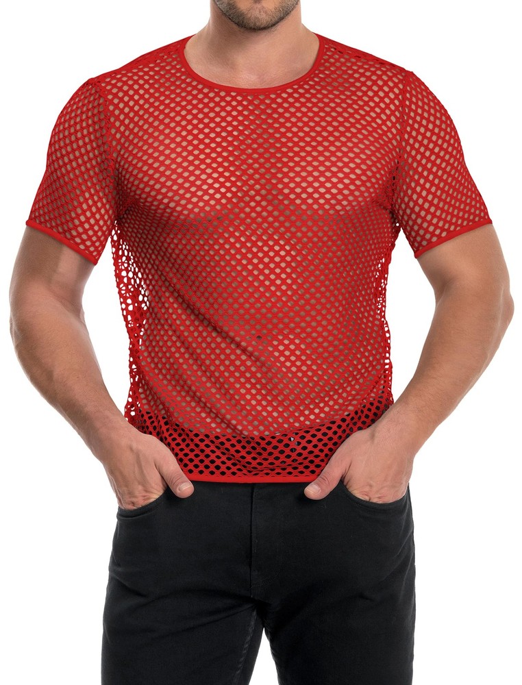 Mens Fishnet Shirt Mesh Top Short Sleeve Fitted Workout Muscle Tees(Red,L)