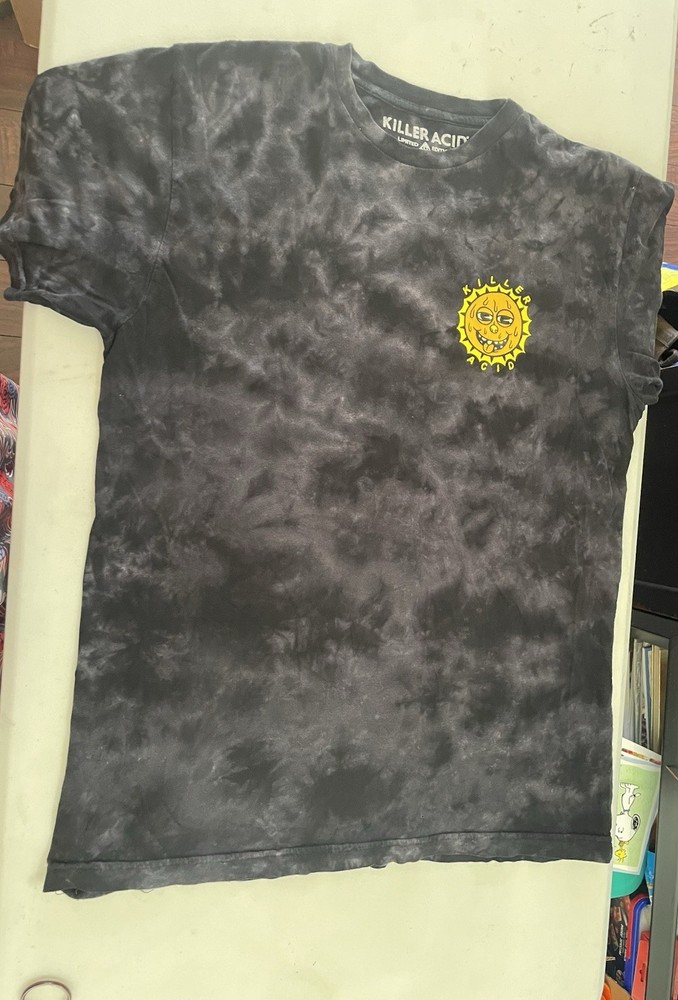 Killer Acid Women’s Black Gray Yellow Cotton Tie Dye Graphic T-Shirt Size LARGE