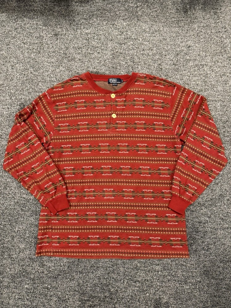 VTG Polo Ralph Lauren Aztec Henley 100% Cotton Made In USA Mens Size Large
