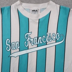 Vintage 90s HRLA San Francisco Striped T-Shirt Mens L/XL Teal White Made in USA