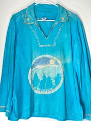 Hand-painted 70s Cotton Long Sleeve Hippy Shirt Deva Industries V-neck 44″ Chest