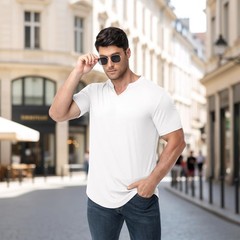 Muscle Fit V Neck T Shirt Men Casual Ribbed Short Sleeve Longline Henley S