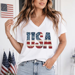 USA Faux Patchwork Bella Canvas V-Neck Shirt, 4th Of July Vneck Tee, Independenc