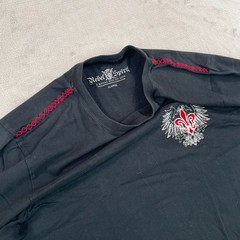 Vintage Y2K Rebel Spirit T Shirt Men XL Black Fleur De Lis Embroidered Applique