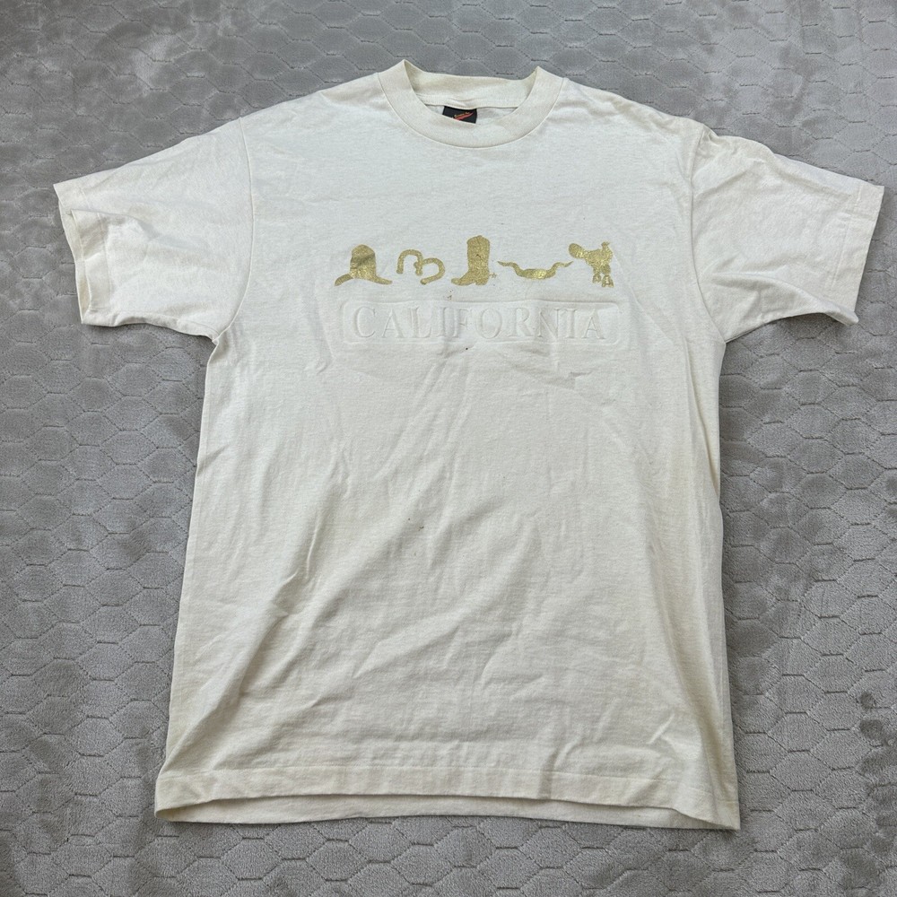 VTG California Embossed Western Print T-Shirt – Sz L – Stains Single Stitch Look