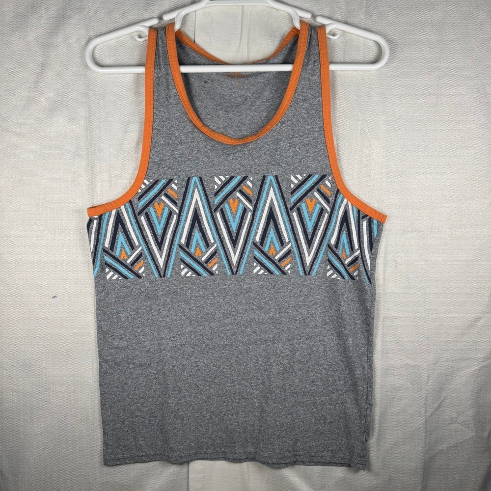 Hollister Mens Tank Top Gray Orange Geometric Tribal Print Sleeveless Shirt M