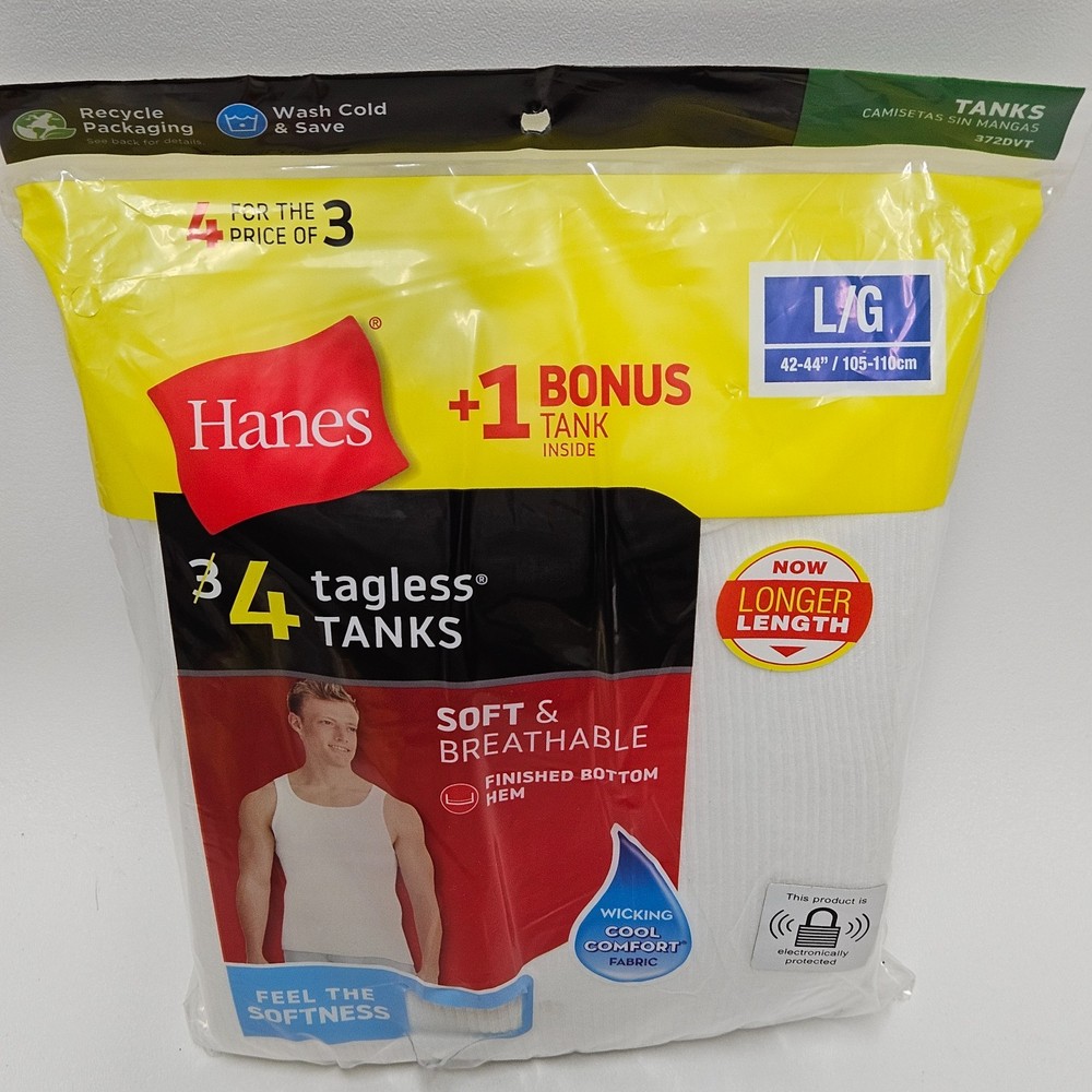 Hanes Men’s Tagless Tank Tops 4 Pack White Size L 42-44 Cool Comfort 100% Cotton