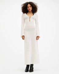 All Saints Womens Karma Crochet Maxi Dress Designer Chalk Slim Fit Long Sleeve