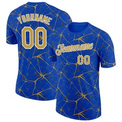 Custom Blue Old Gold Abstract Crackle Sports Tee Personalized Team Jersey
