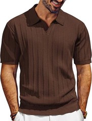 Mens V-Neck Polo Shirt Knit Textured Breathable Summer Casual Top