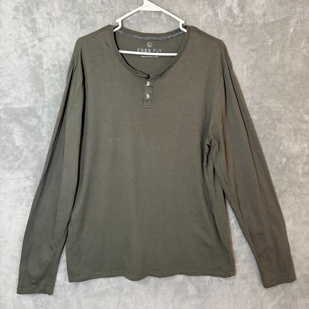 Free Fly Bamboo Flex Henley Mens Large L Olive Green Long Sleeve Fishing Shirt