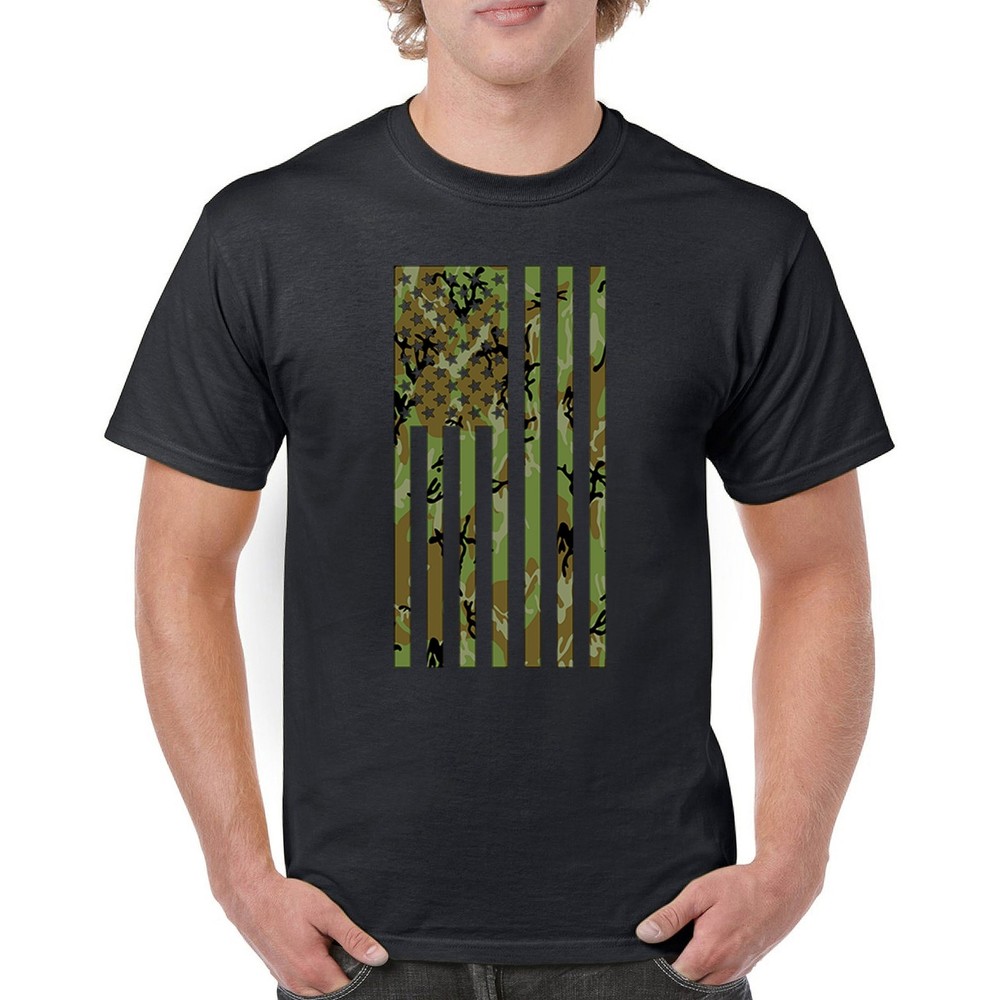 Camo American Flag T-shirt US Military Proud Army Veteran Patriotic Men’s Tee