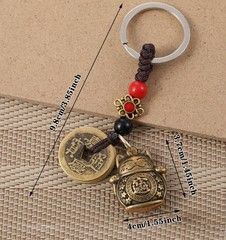 Lucky Cat Keychain, with Five Emperors Money Feng Shui Coins, Maneki Neko Good L