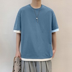 Summer Men’s Cotton Loose Casual Large Size Fake Two Pieces Short Sleeve T-Shirt