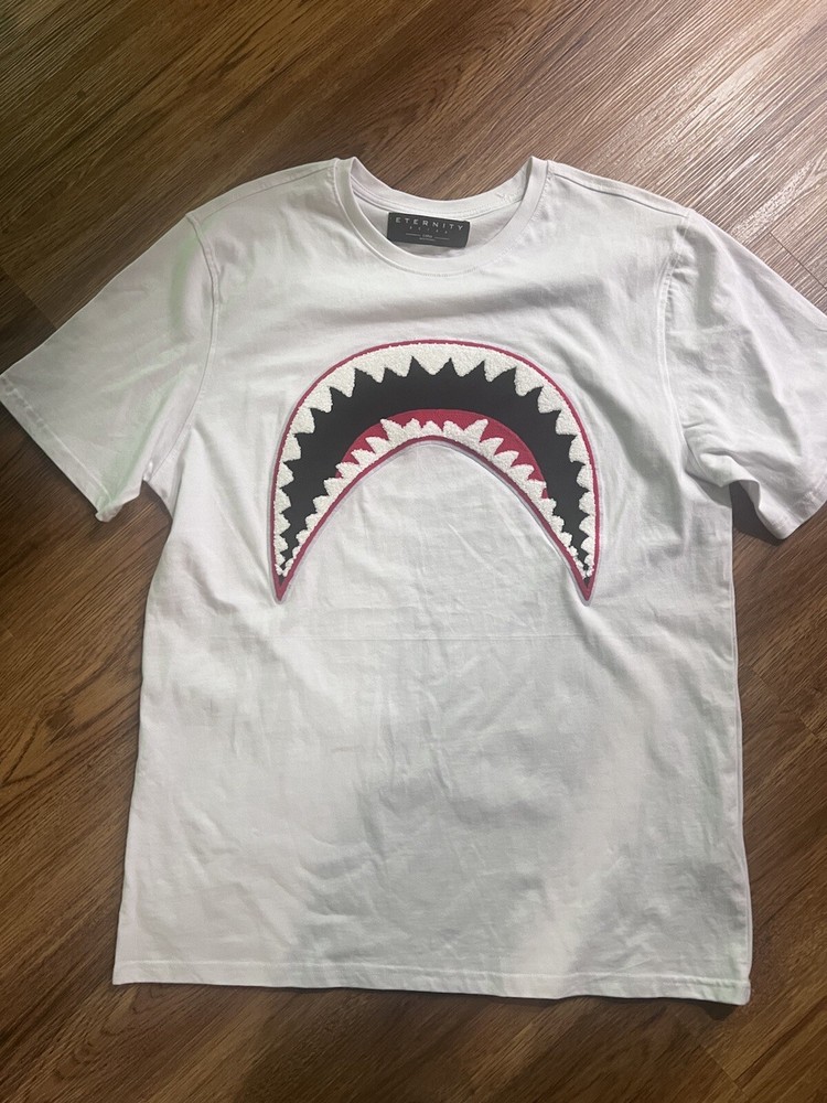 Eternity BC/AD white T-Shirt with fabric patch shark teeth, Size Large