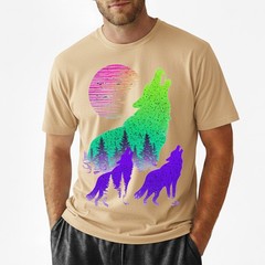 Wolves Howling Moon Forest Silhouette Neon Synthwave Retro Graphic Tee