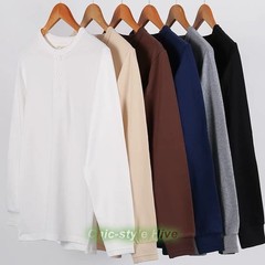 Mens Long Sleeve Shirts Soild Color Heavy Cotton Retro Casual T-Shirts Pullover
