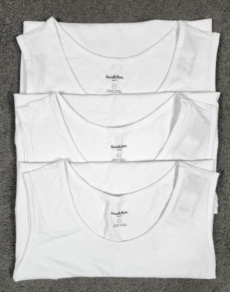 Men’s Sleeveless Tanks T Shirts XXL White 3 PACK Goodfellow Round Neck Stretch