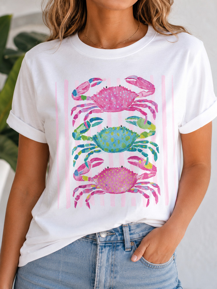 Colorful Crabs Beach T-Shirt Pink Blue Green Crab Summer Vacation Shirt