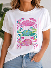 Colorful Crabs Beach T-Shirt Pink Blue Green Crab Summer Vacation Shirt