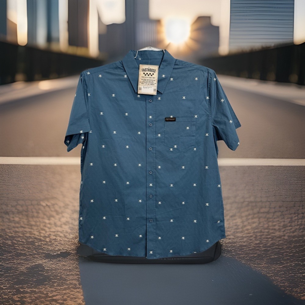 FASTHOUSE MENS LARGE SMS JASPER SS BUTTON-UP SHIRT SKULLS VINTAGE BLUE