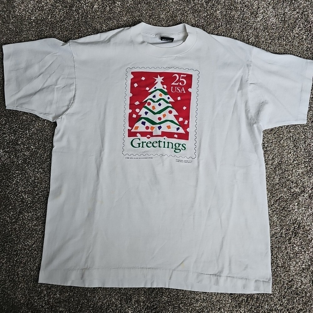 1990 Seasons Greetings Stamp USPS Short Sleeve Vintage Size XL Holiday Shirt