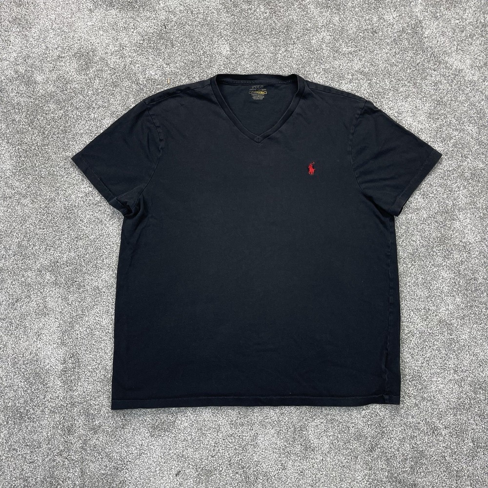 Polo Ralph Lauren V Neck T Shirt Mens XL Slim Fit Cotton Black W/ Red Pony Logo