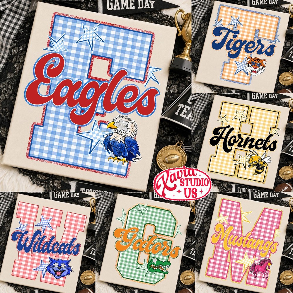 Custom School Mascot Shirt Gingham Game Day Retro Team Spirit Unisex Graphic Tee
