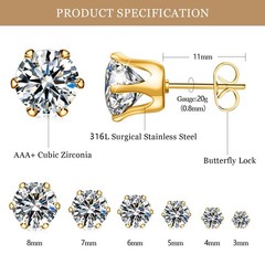 6 Pairs Hypoallergenic Stainless Steel Stud Earrings Cubic Zirconia Earrings …
