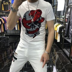 New Men Fashion Diamonds T-Shirt Skull Horror Rhinestones Hot Drill Short Sleeve