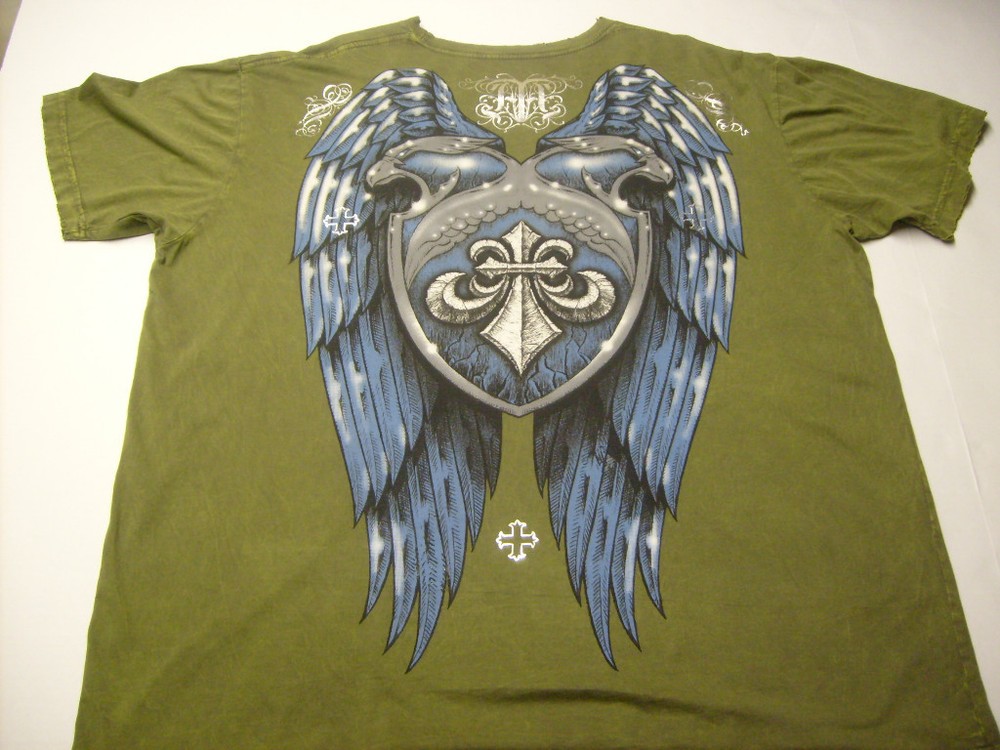 AFFLICTION Mens GREEN w EAGLES & SILVER FOIL WINGED SHIELD T-Shirt New XXL 2XL