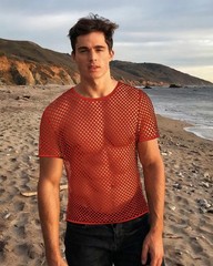 Mens Fishnet Shirt Mesh Top Short Sleeve Fitted Workout Muscle Tees(Red,L)