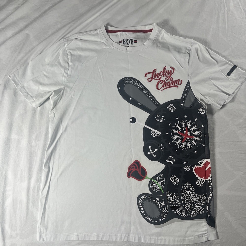 BKYS Black Keys Lucky Charm White T Shirt w/ Red Embroidered Bunny Doll M
