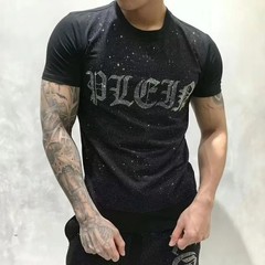 New Fashion Trend Rhinestone Summer Short Sleeve Luxury Men Cotton Black T-Shirt