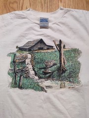 Vintage 90s Art Shirt Landscape Barn Nature Rustic Mens Large White American