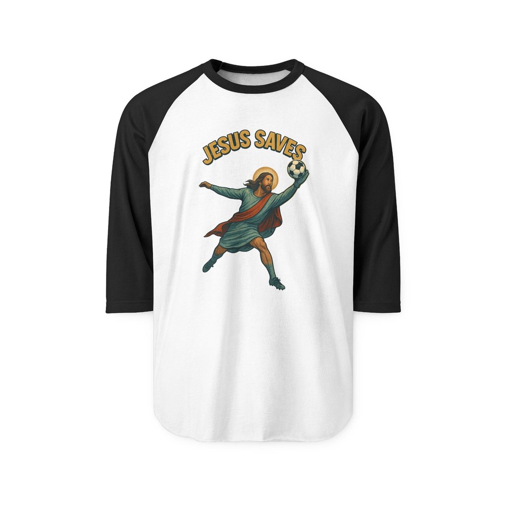 Christian Soccer Goalie Jesus Saves Three-Quarter Sleeve Raglan Shirt, Unisex