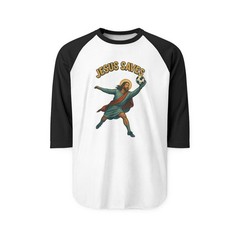Christian Soccer Goalie Jesus Saves Three-Quarter Sleeve Raglan Shirt, Unisex