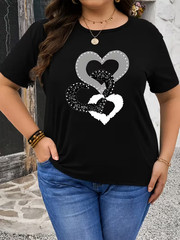 Soft Touch, Chic Plus Size Heart-to-Heart Graphic Tee – Casual Crew Neck, Short