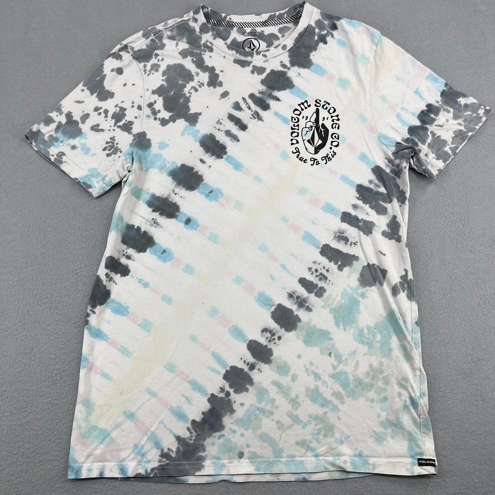 Volcom Mens Tie Dye Graphic T-Shirt Modern Fit Blue Grey White Small