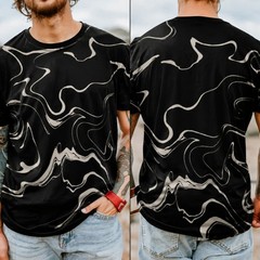Men’s Round Neck Tee, Black White Marble Swirl Print, Casual Street Short Sleeve