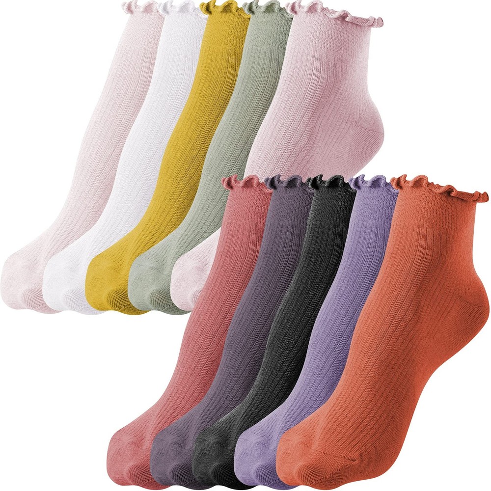 10 Pair Women Ruffle Socks Aesthetic Frilly Ankle Socks Cuff Stocking Knit La…