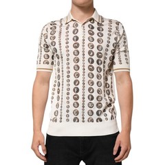 DOLCE & GABBANA T-shirt Silk Ivory Coin Print Logo Men Polo IT46/US36/S 1500usd