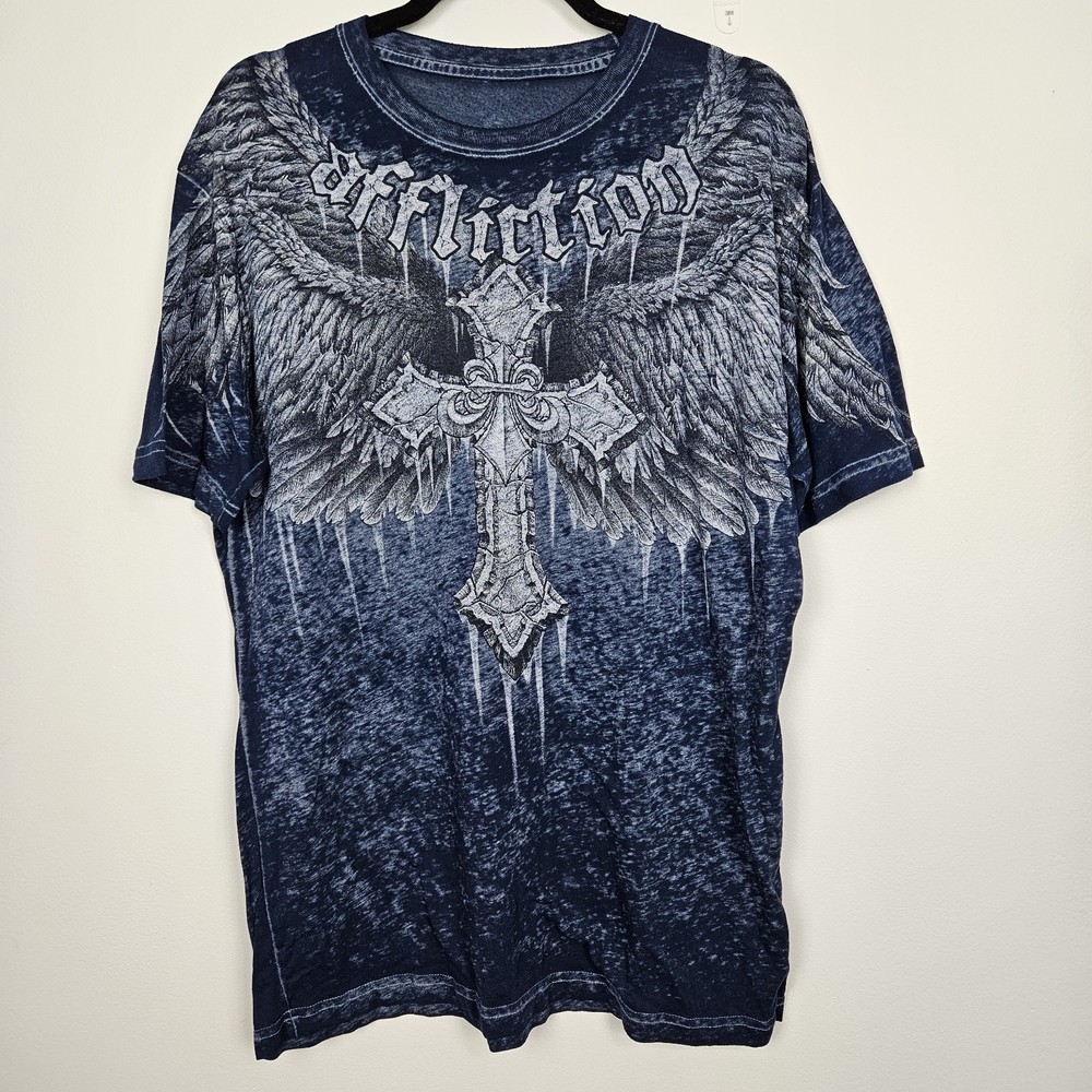 Affliction Shirt Mens Size L Blue Distressed Paper Thin Cross Wings Biker Y2K
