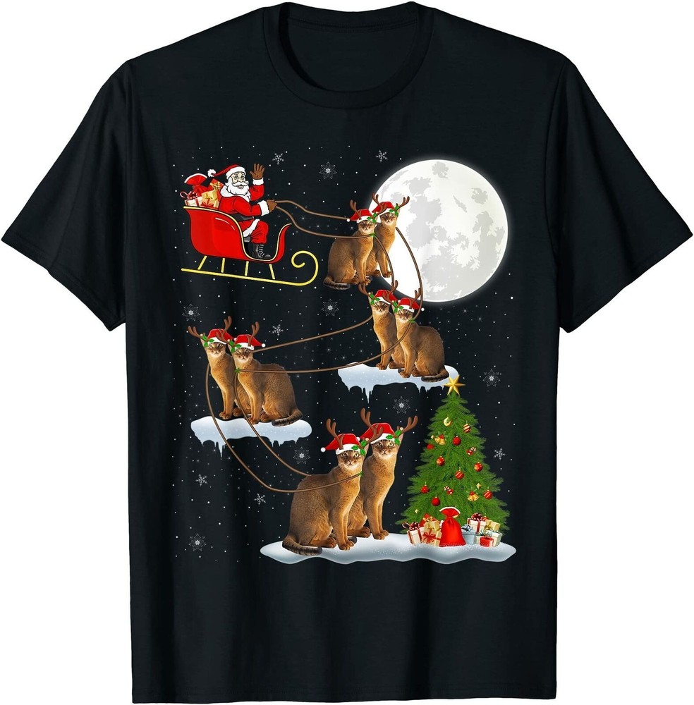 Xmas Lighting Tree Santa Riding Abyssinian Cat T-Shirt