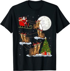Xmas Lighting Tree Santa Riding Abyssinian Cat T-Shirt