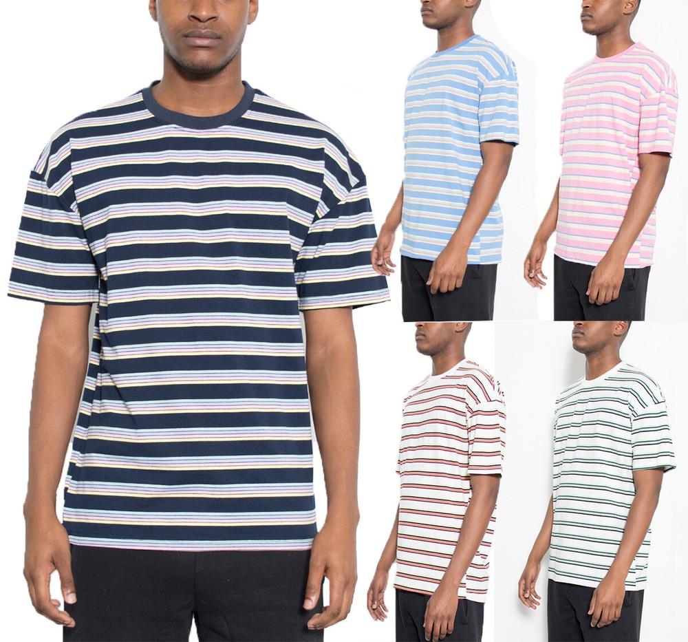 Mens Round Neck Striped Straight Hem Tshirt Tee