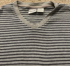 Vintage Utility Wear Knit V Neck Mens Blue and Gray Striped Ribbed Shirt Sz L