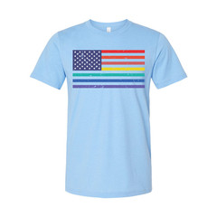 Unisex American Flag Tee With Rainbow Stripes Graphic Across Chest For Pride And